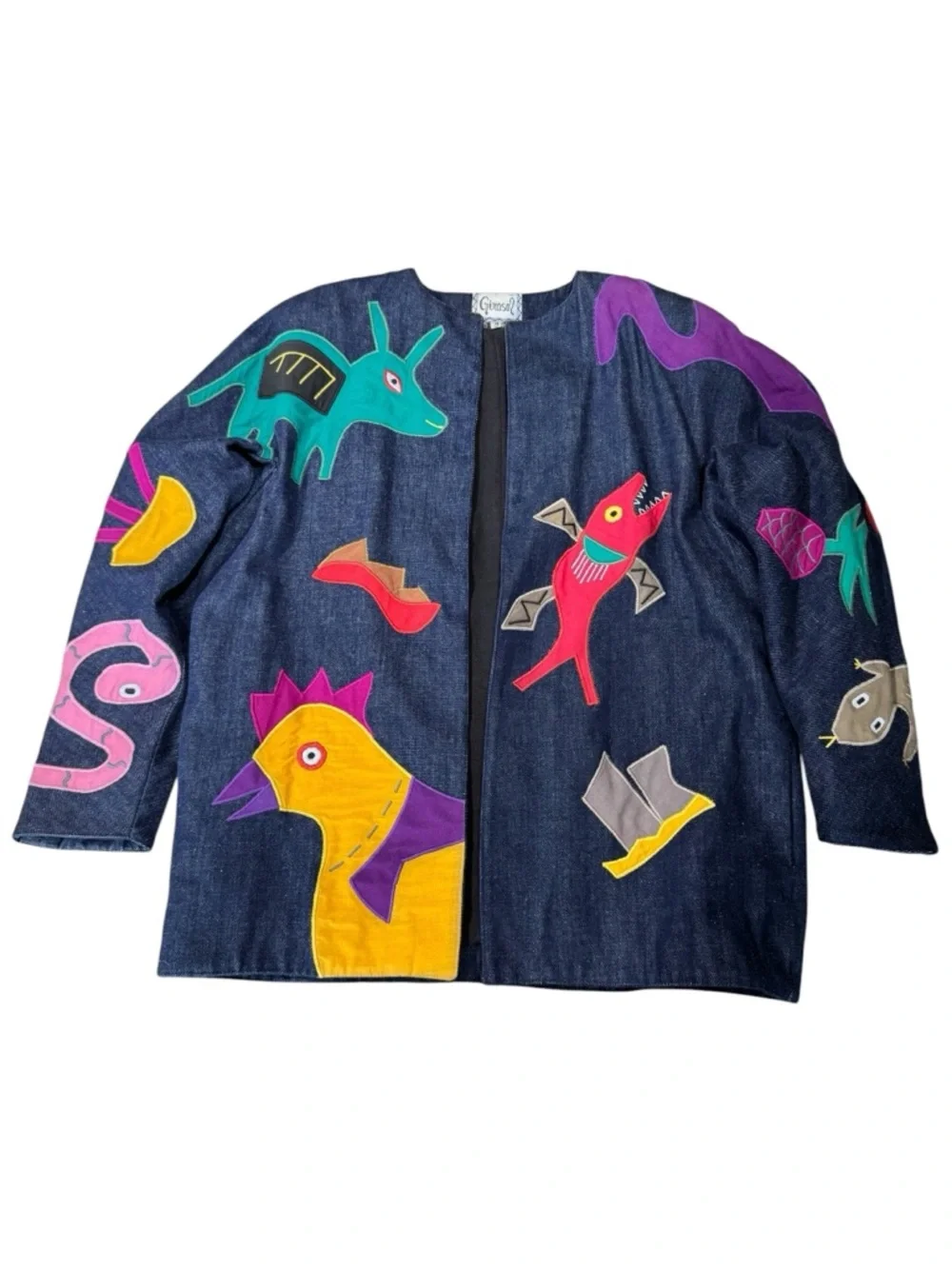 Vintage Girasol Mexican Whimsical Appliqué Denim Jacket Multicolor Animal Motifs